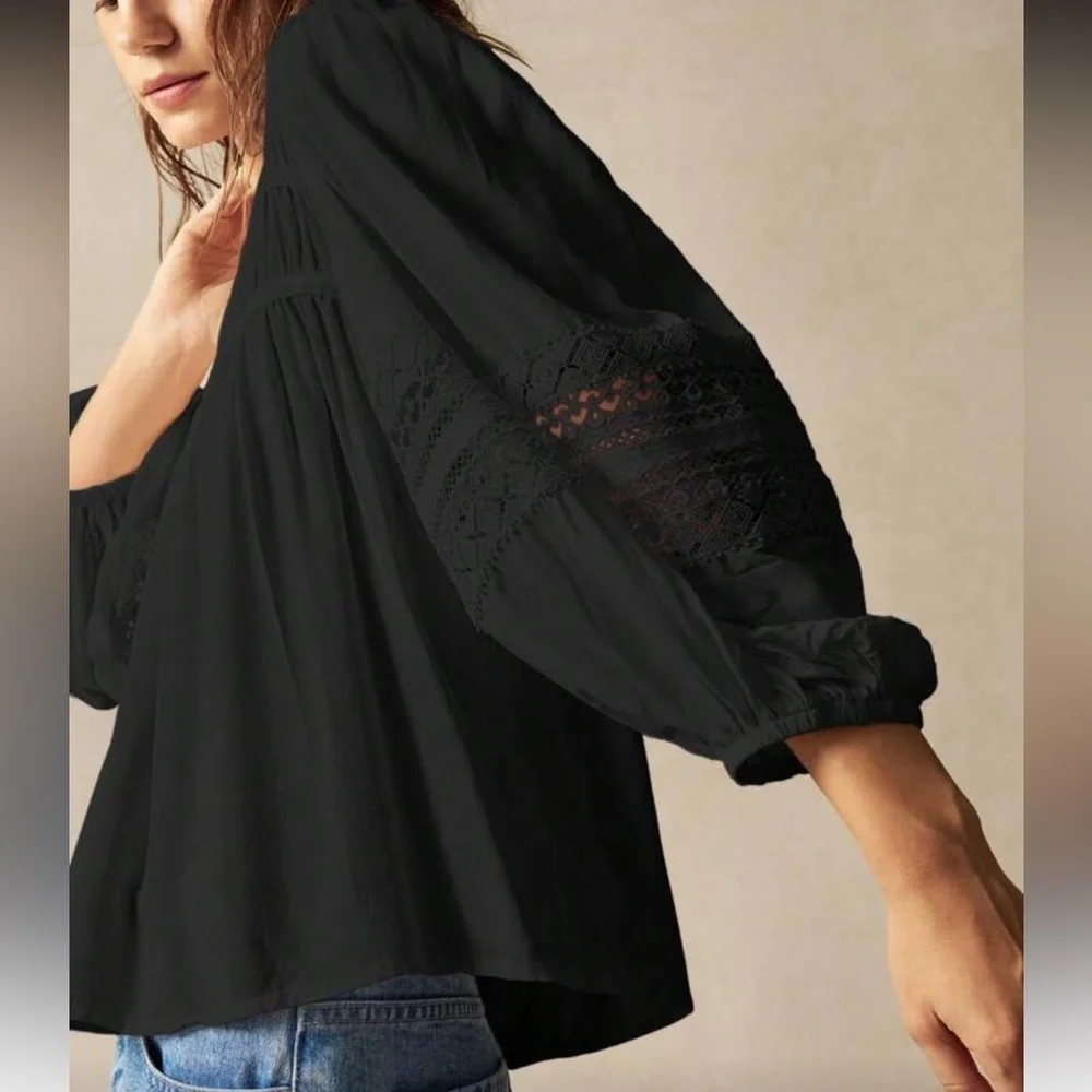 Chic Black Blouse with Lace Sleeves